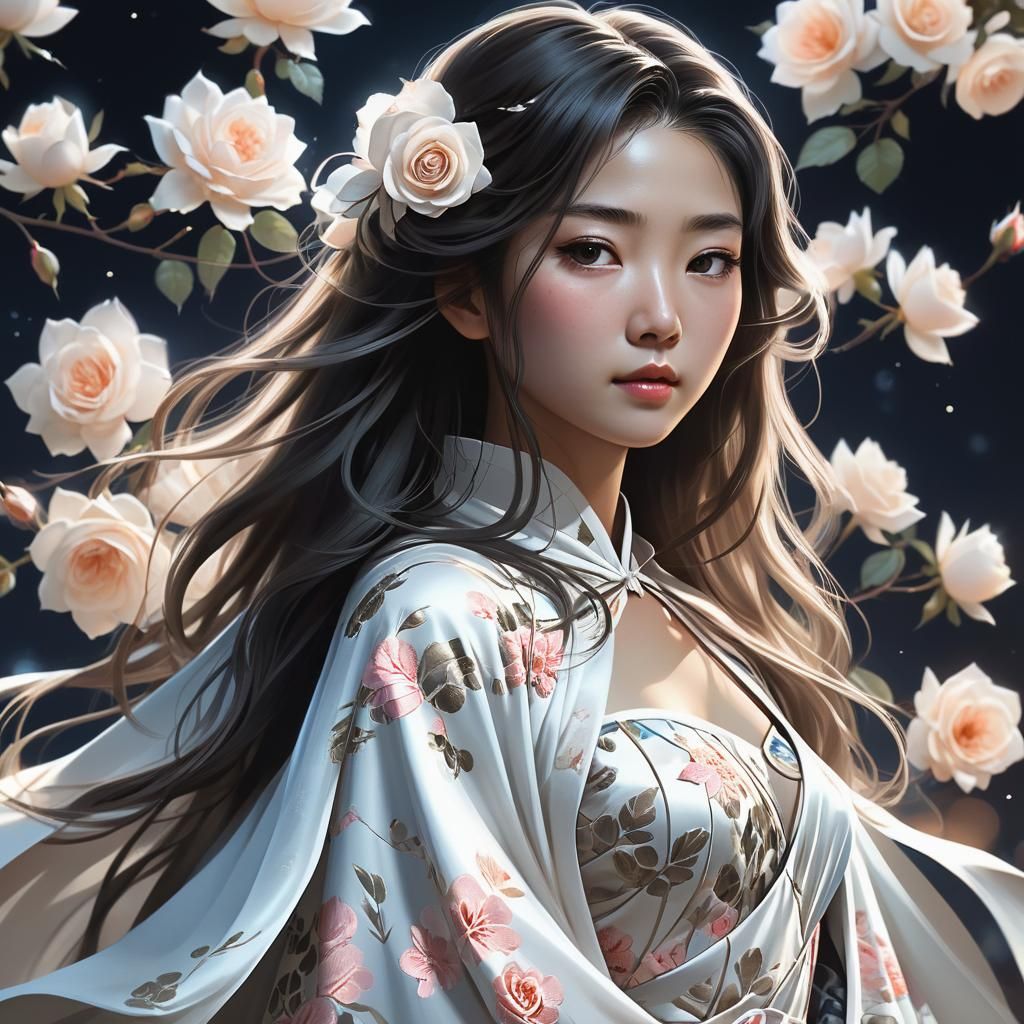 Japanese Lady in Rose Dress at Night: Digital Art
