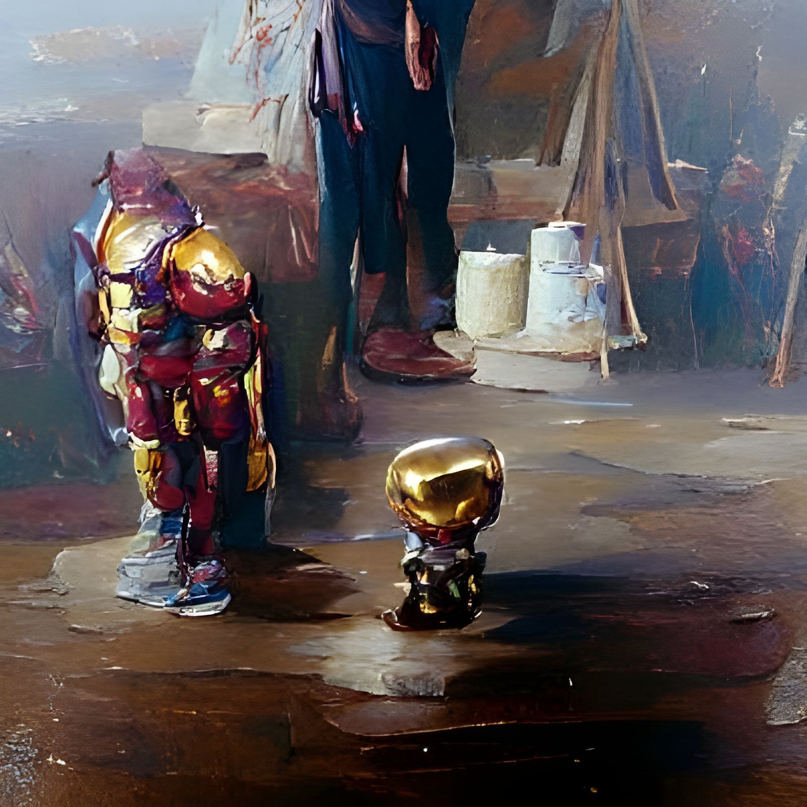 Miniature Thanos and Iron Man Oil Painting