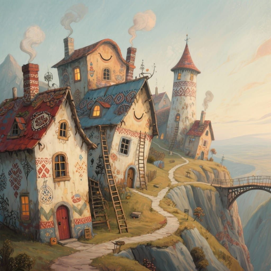 Folk Surreal Village With Crooked Houses and Winding Paths