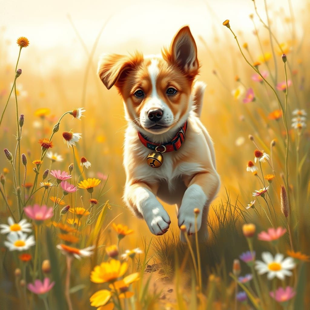 Puppy's Joyful Romp Through Spring Meadow