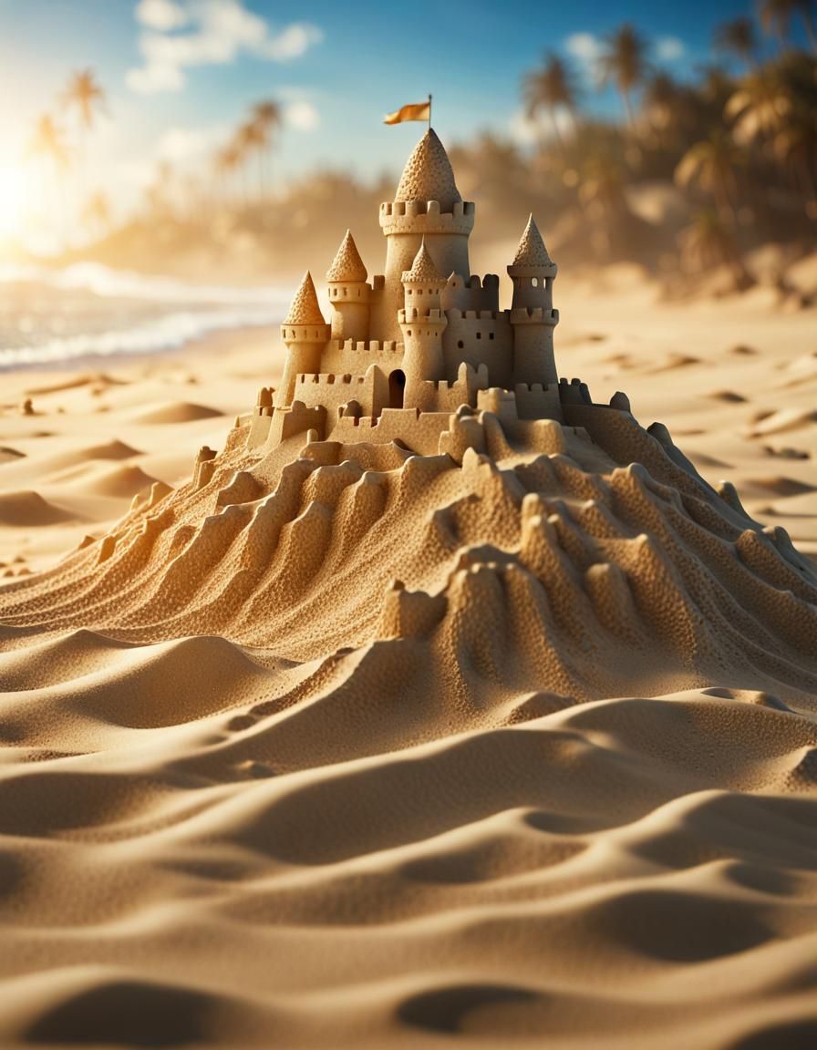 Macro Sandcastle on Beach with Approaching Wave