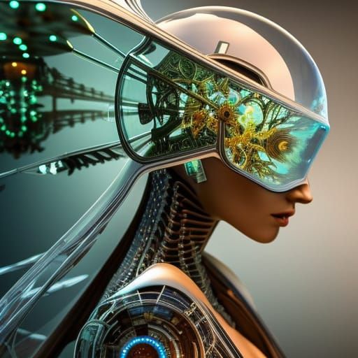 Intricate Cybernetic Woman in Glass Cube