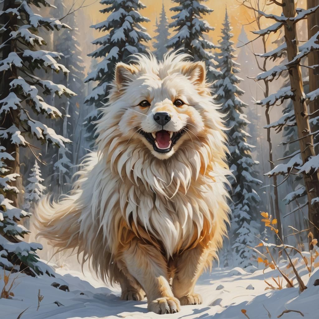 Whimsical Furry Animal Portrait in Snowy Landscape