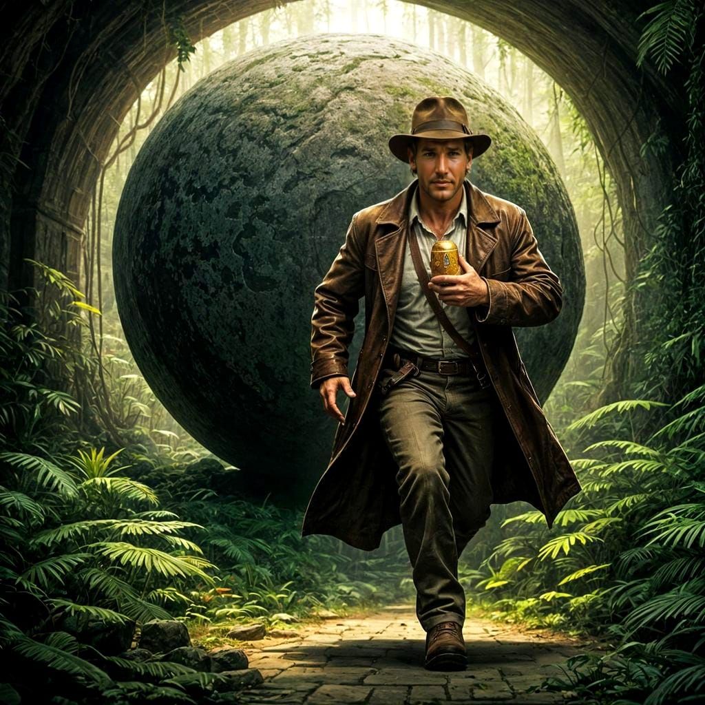 Indiana Jones Running From Boulder in Jungle Temple