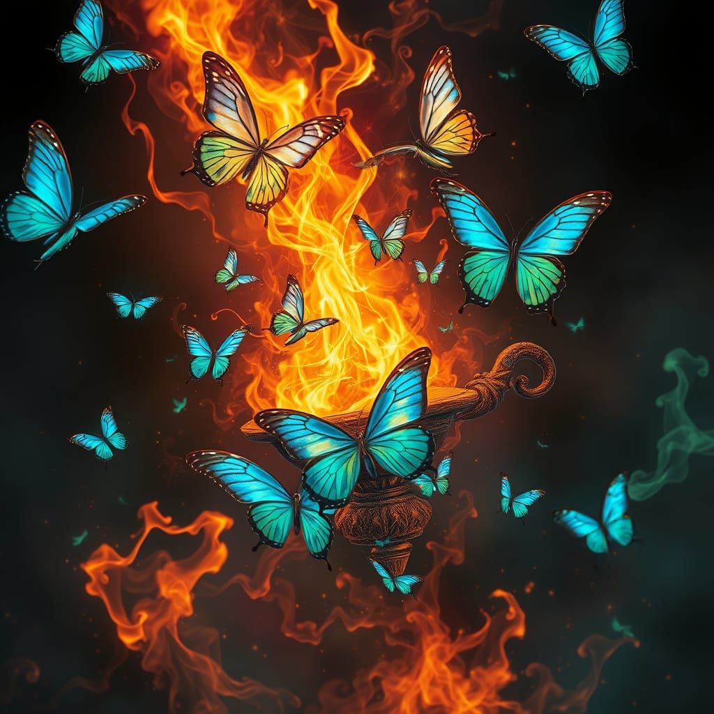 Vibrant Butterflies Emerge from Burning Magic Lamp in Kaleid...