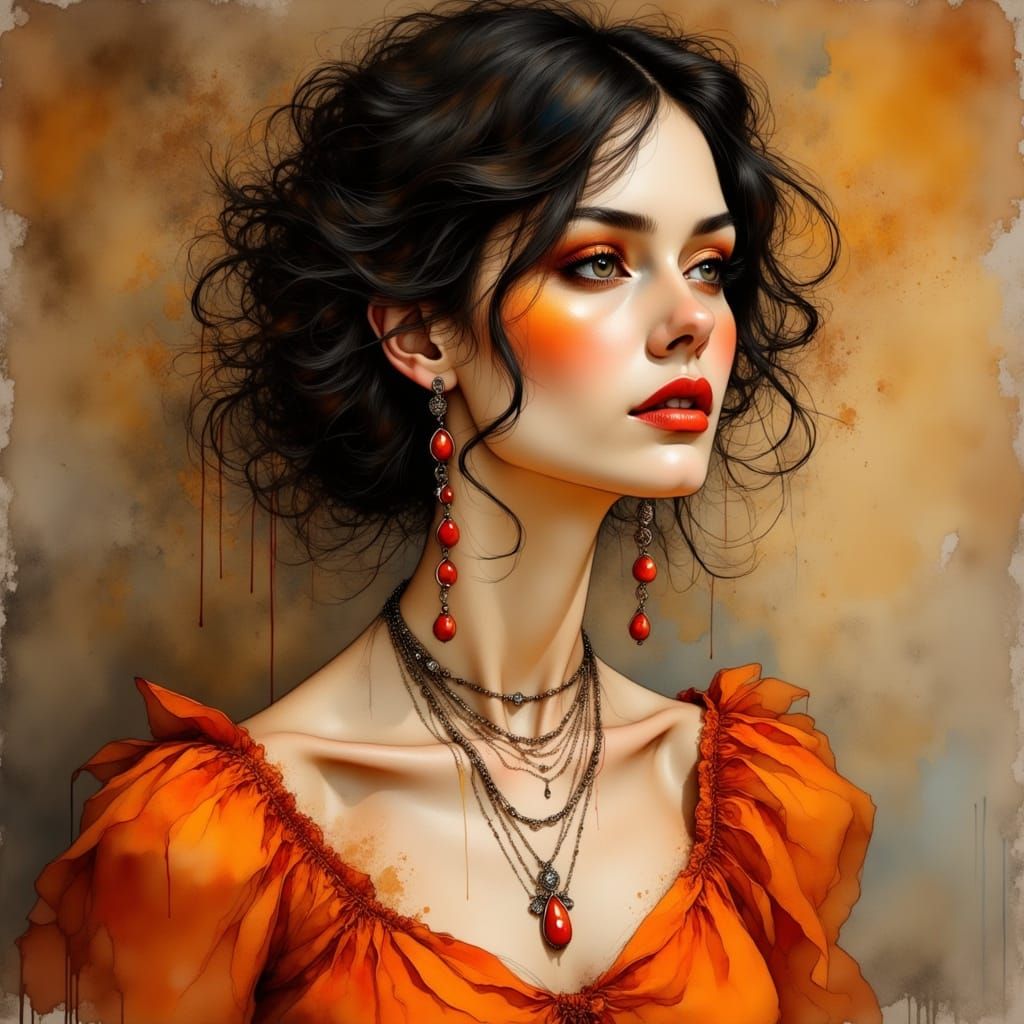 Surreal, Ornate Portrait of a Dark-Haired Woman in a Vibrant...