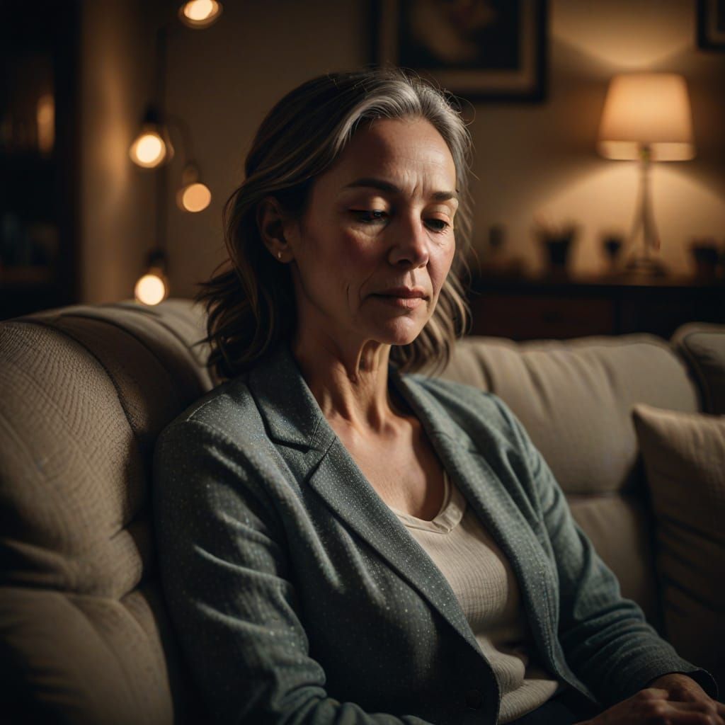 Surreal Portrait of a Weary Mother in a Cozy Dimly Lit Room