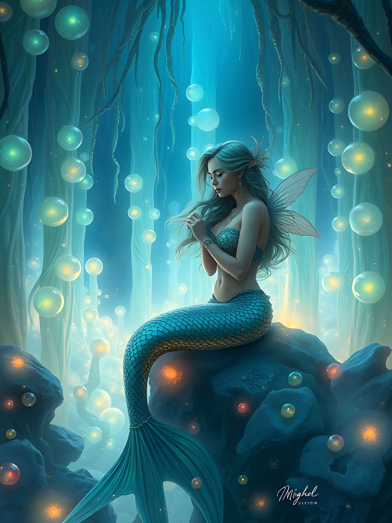 Mermaid Weaves Dreams from Captured Moonbeams in Vibrant, Wh...