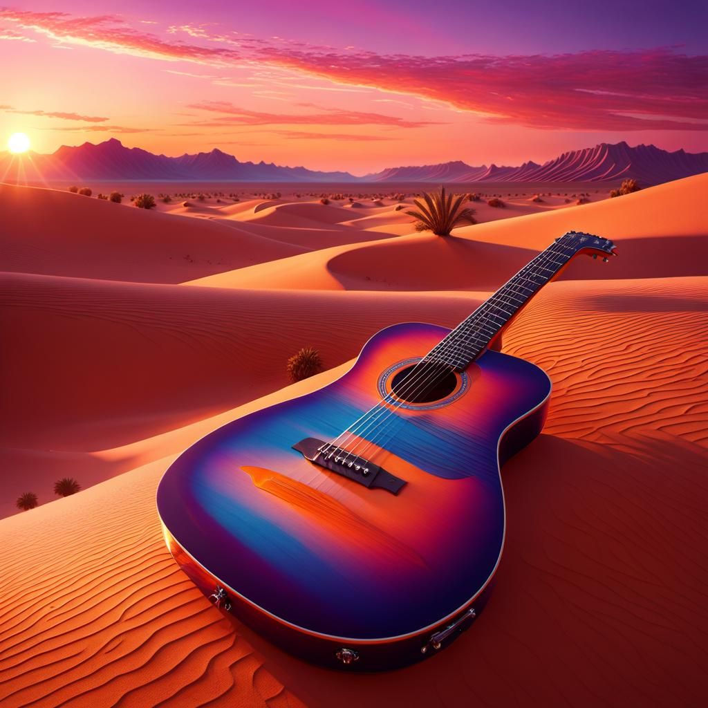 Guitar in Desert Sunset: Vibrant Fantasy Art
