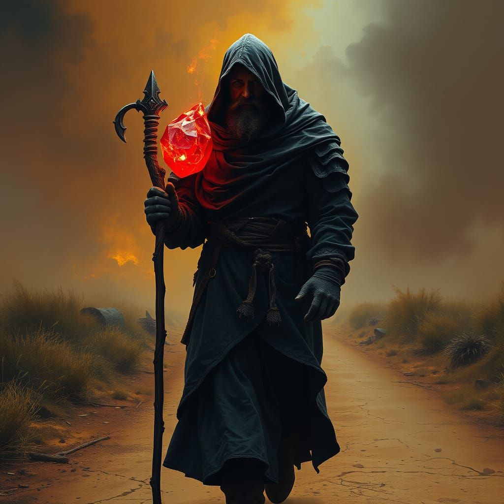 Mysterious Wanderer with Crystal Staff on Clay Road