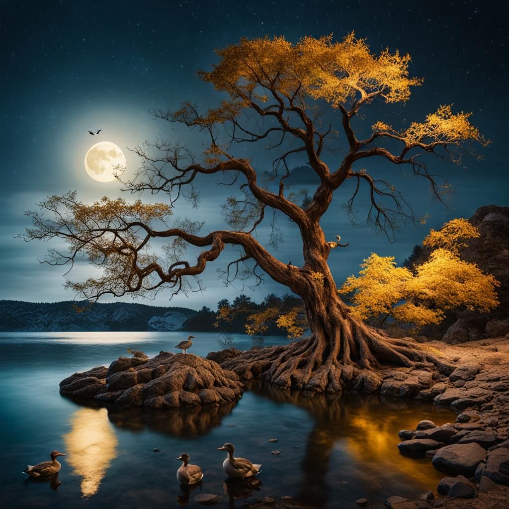 Serene Night Landscape with Ancient Tree in Moonlight