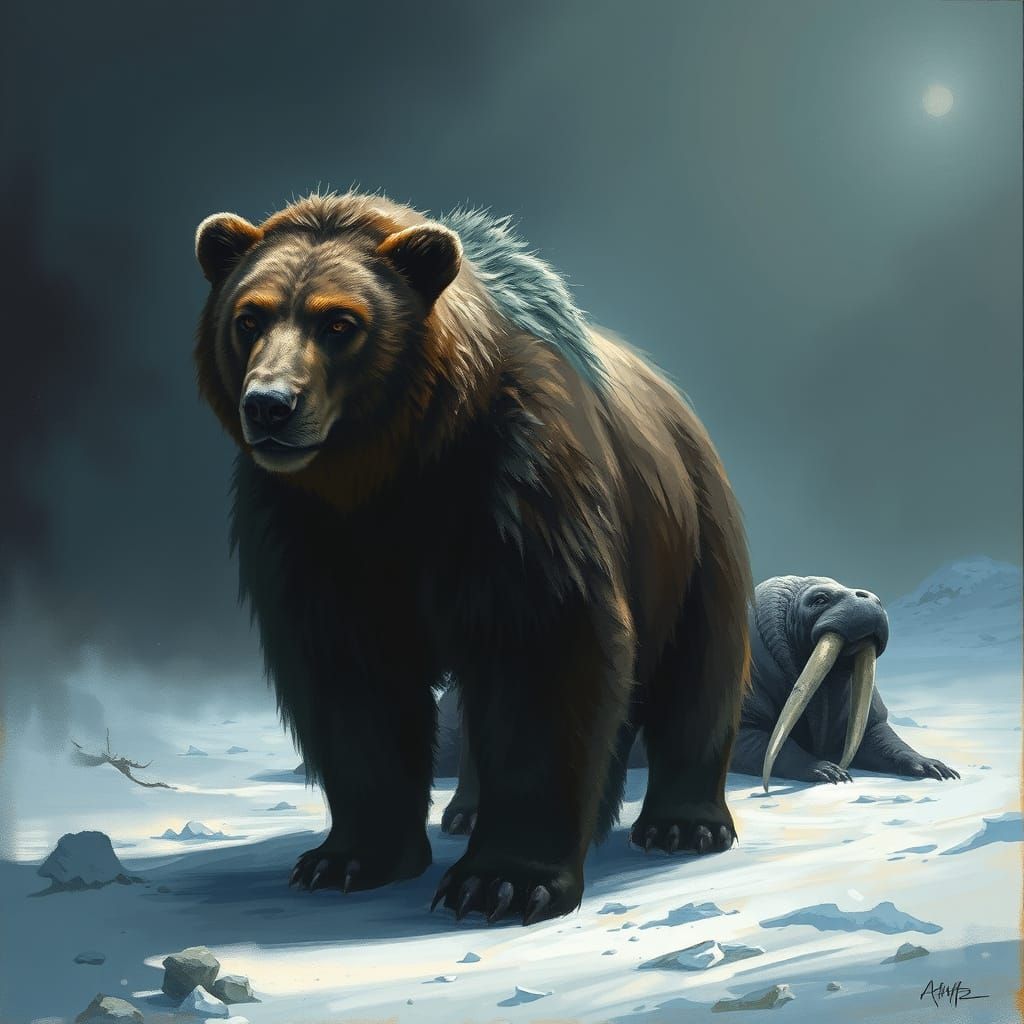 Grizzly-Lion Hybrid in Arctic Landscape, Digital Art