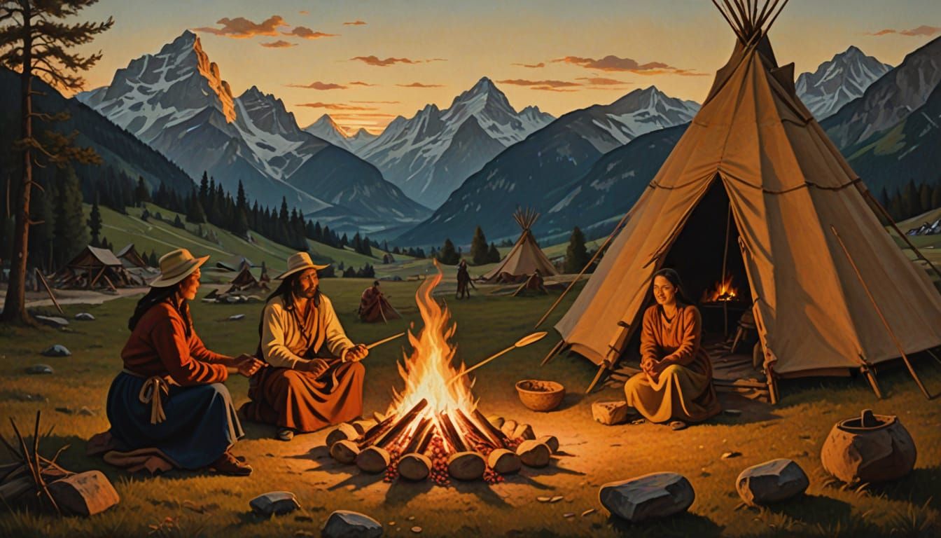 Surreal Alpine Landscape with Native American Tipi in Golden...