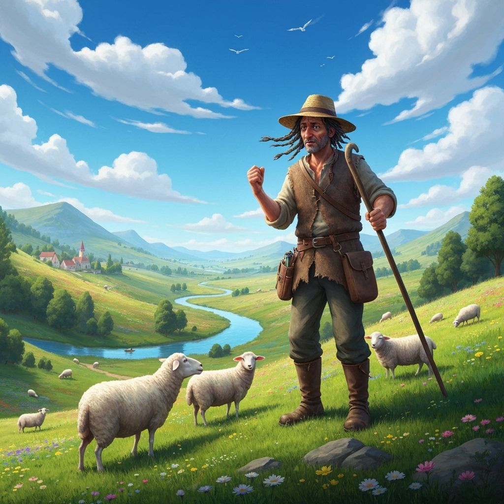 Shepherd Tending Flock in Sunlit Meadow Digital Art