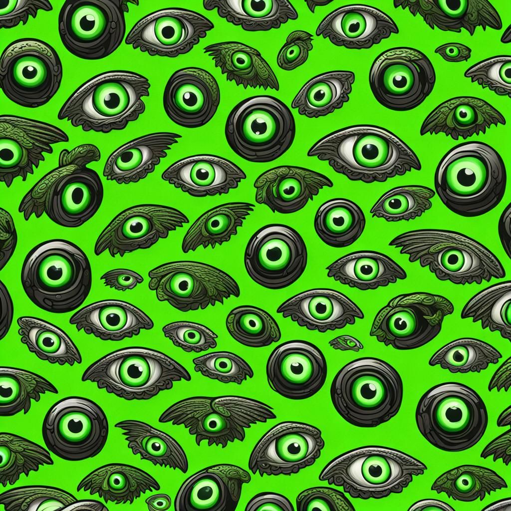 Neon Green Wallpaper with Flying Eyeball Pattern