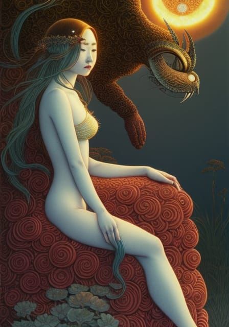 Woman in Surreal Sun and Moon Chair, Detailed Fairytale Art