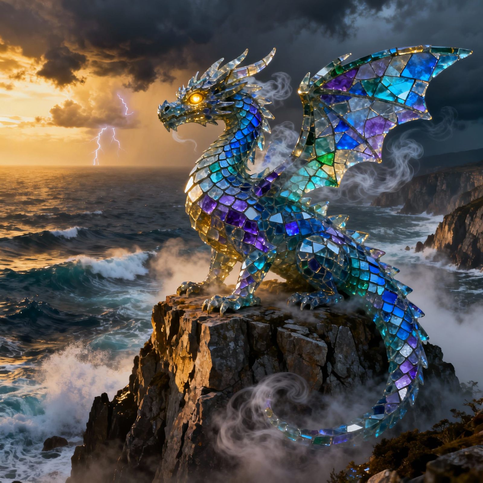 Ancient Sea Glass Dragon Overlooking Stormy Ocean