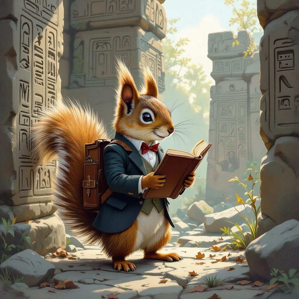Squirrel Explorer in Ancient Temple Ruins, Rackham Style