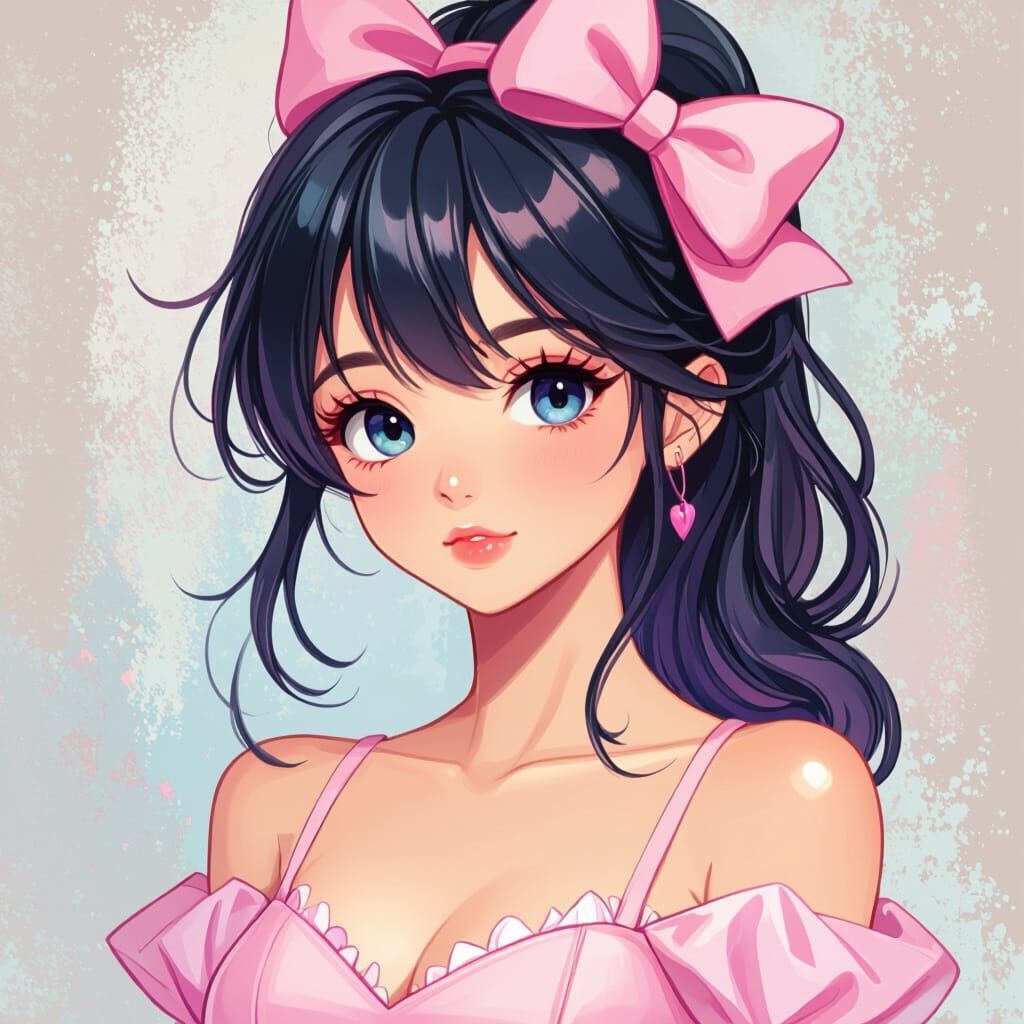 Anime Woman in Pink Dress, Digital Art