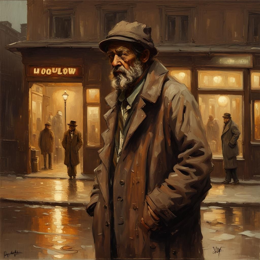 Realistic Oil Painting of Sad Man at Night