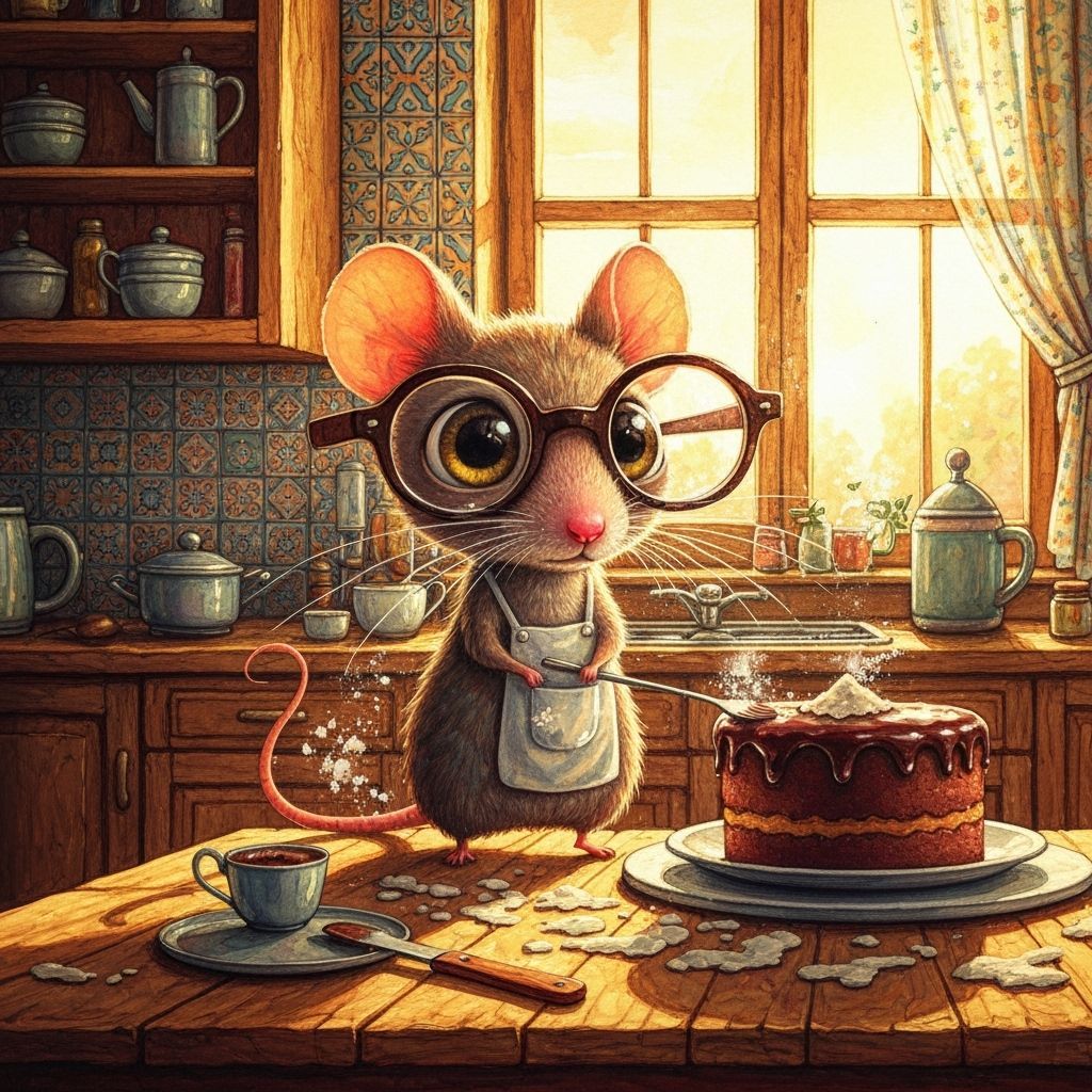 Whimsical Mouse Baking Chocolate Cake in Detailed Kitchen