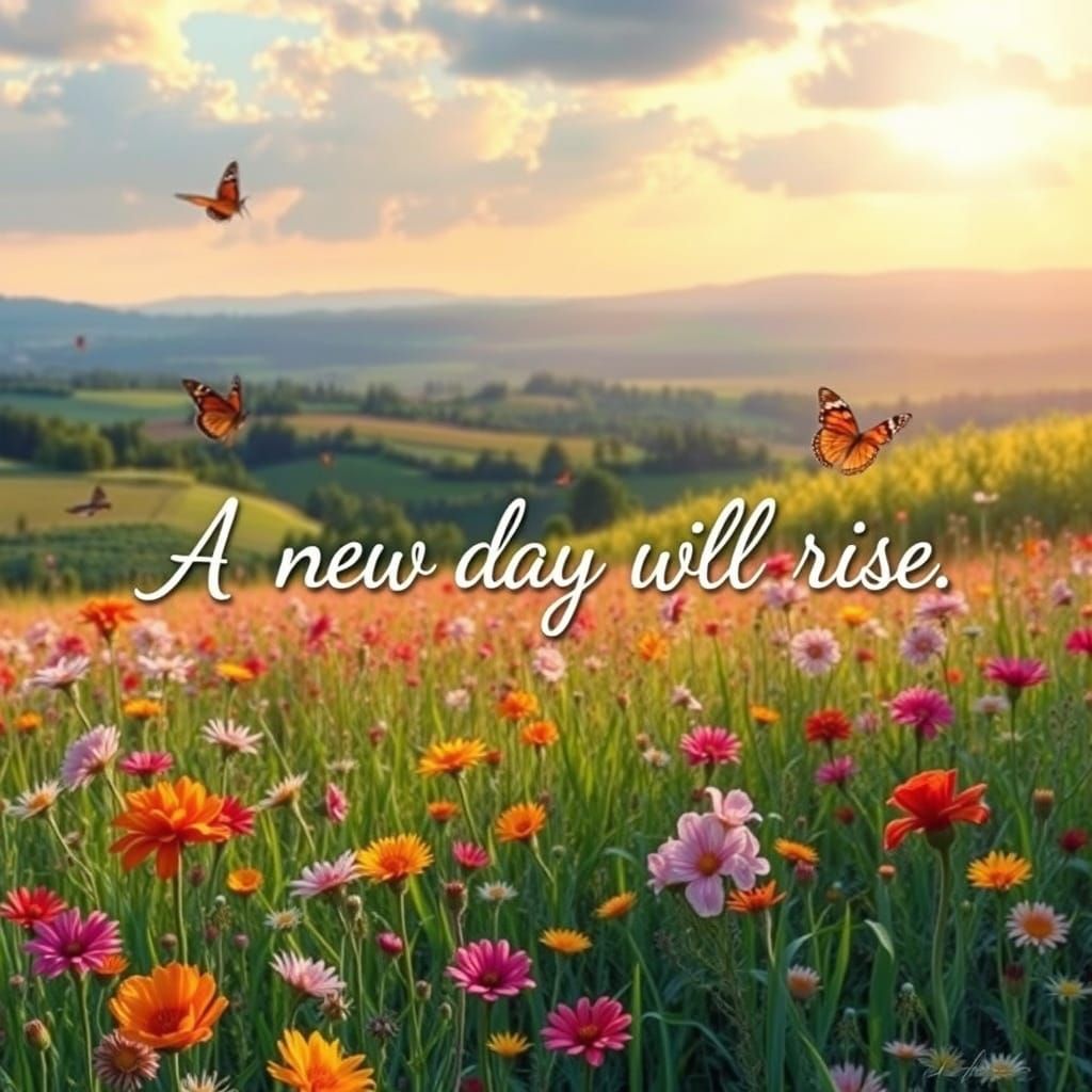 Vibrant Flower Field with Butterflies in Impressionistic Sty...