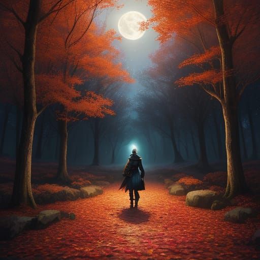 Person Walking Under Ethereal Moonlight in Autumn Forest