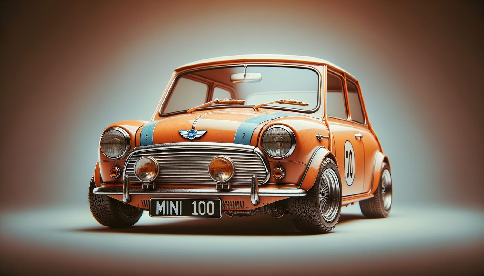 A shot of a classic orange Mini Cooper with a blue emblem on...