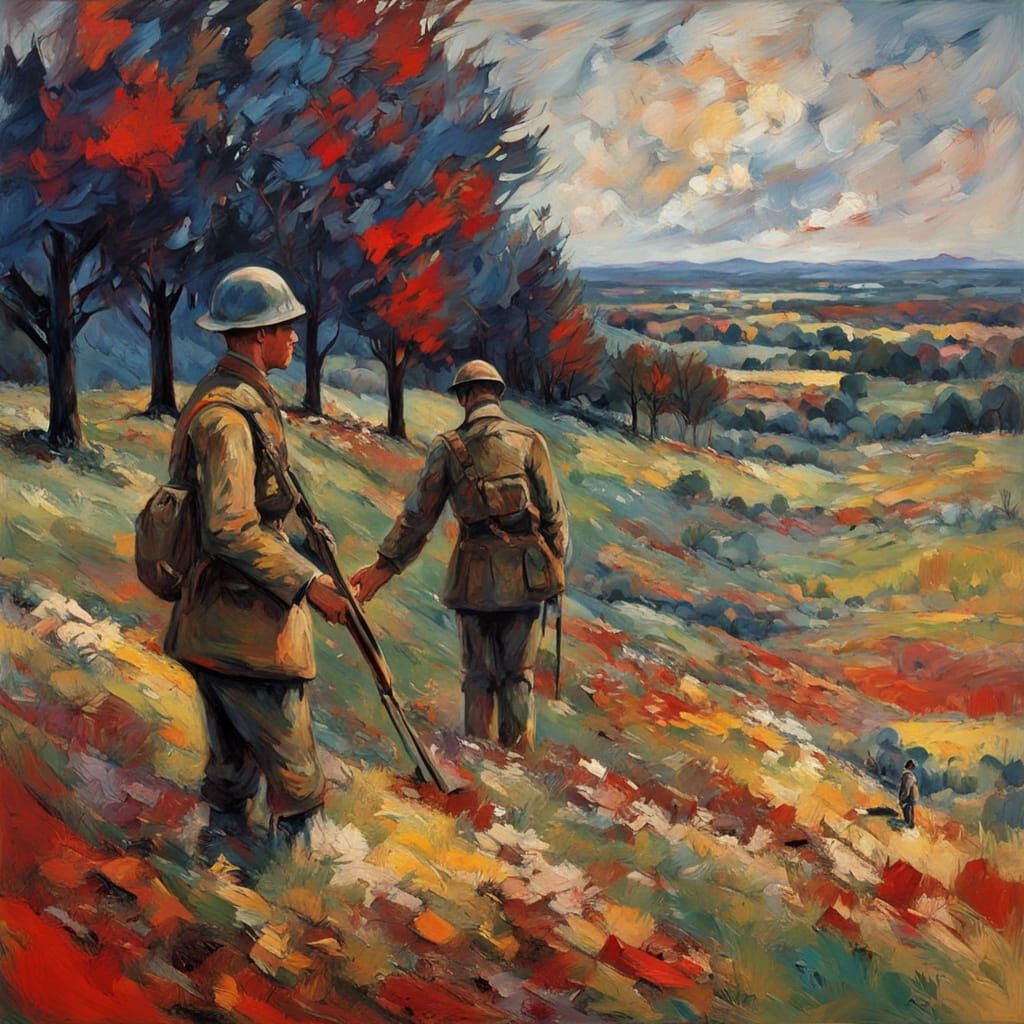 Style of Stanley Spencer, a WWI British soldier shaking hands with a WWI German soldier