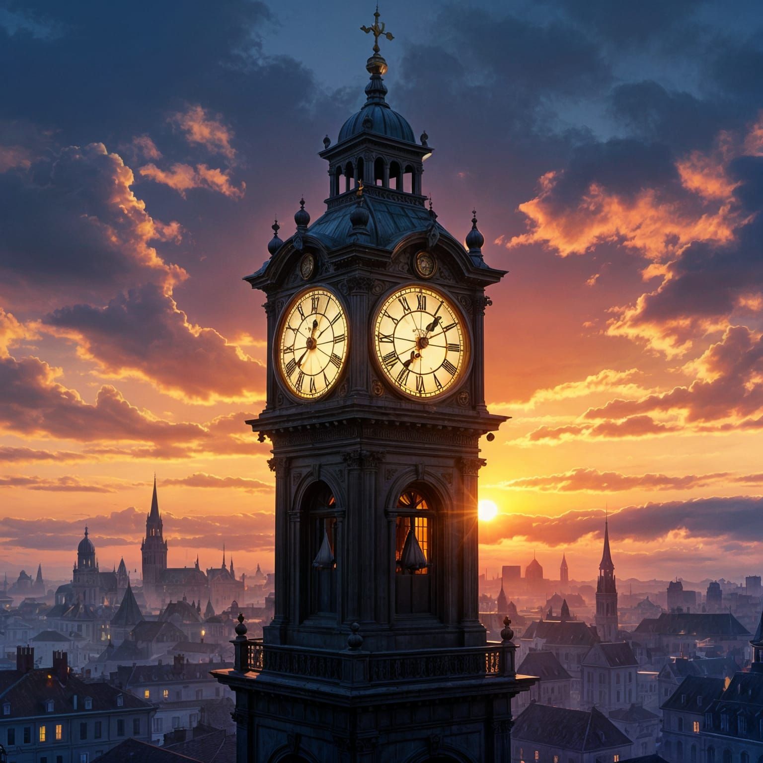 Old Clock Tower at Sunset in Realistic Painting Style