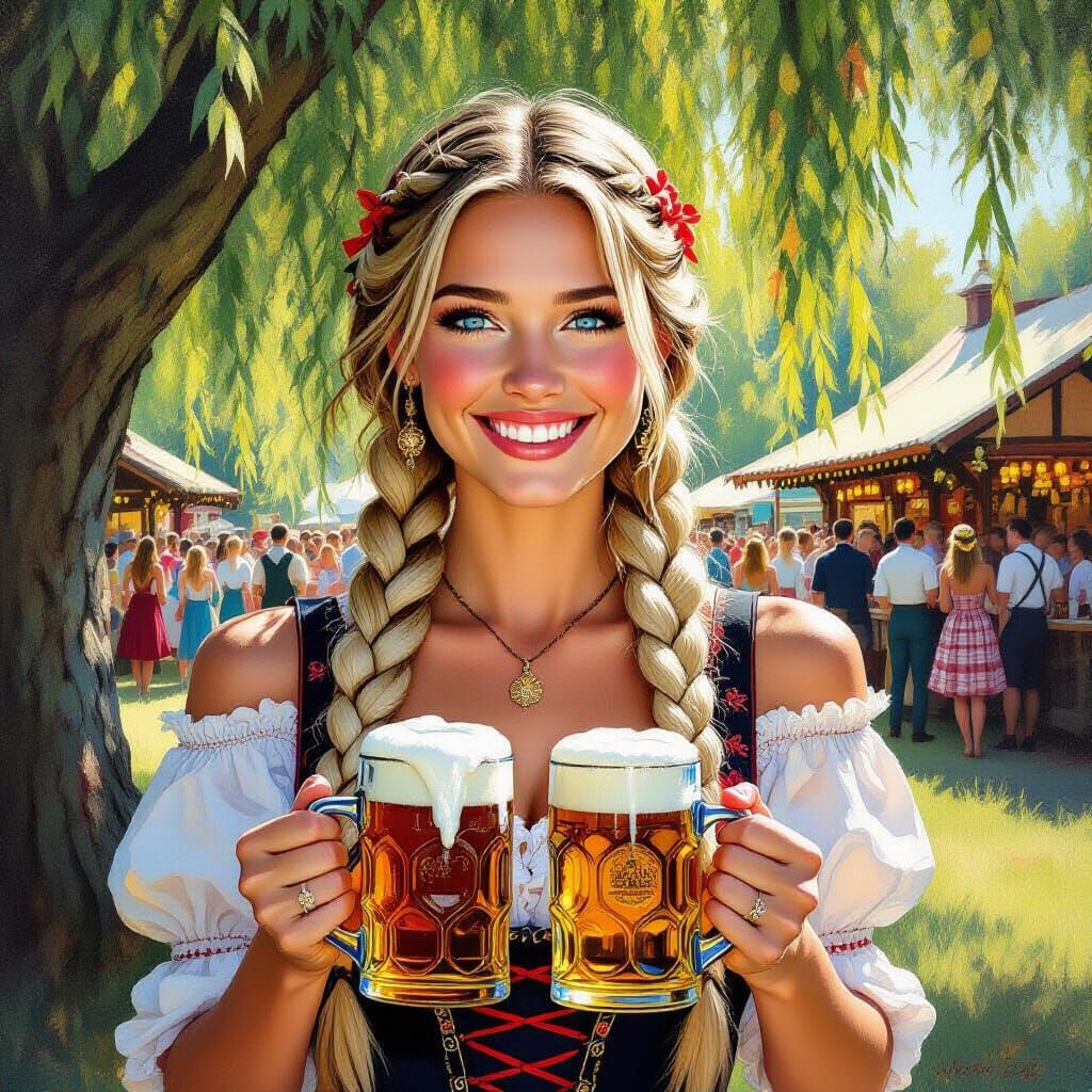 Oktoberfest Woman with Beer Mugs, Oil Painting Style