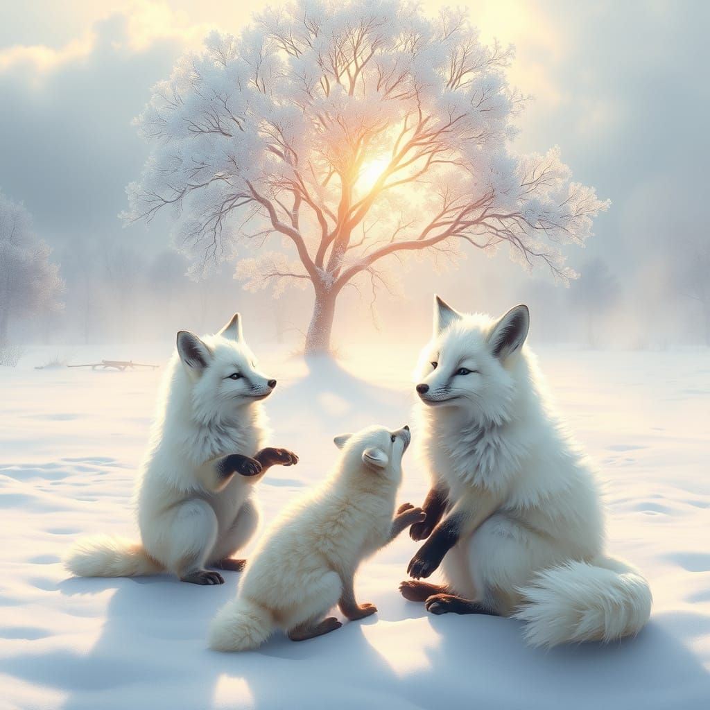Joyful White Fox Playing in Winter Landscape Painting