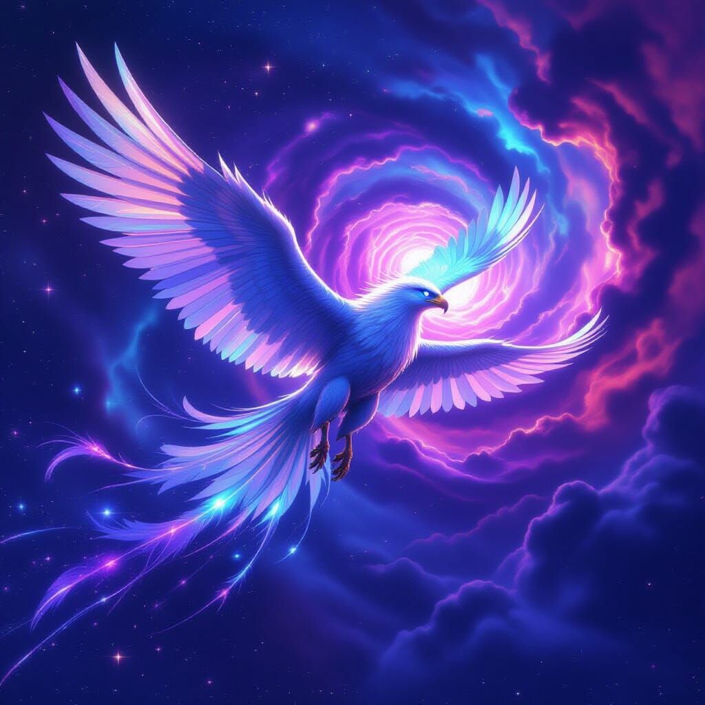 Iridescent Griffin Soaring Through Nebula, Cinematic Style