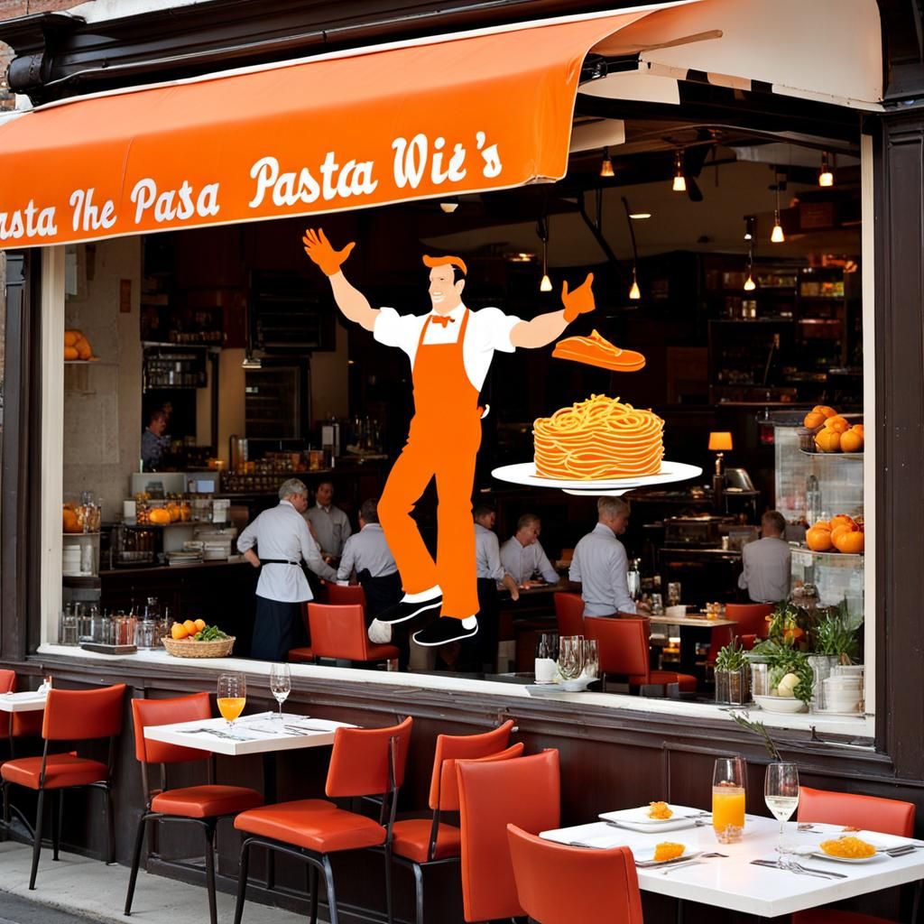 Humorous Restaurant Window Decal with Orange Waiter