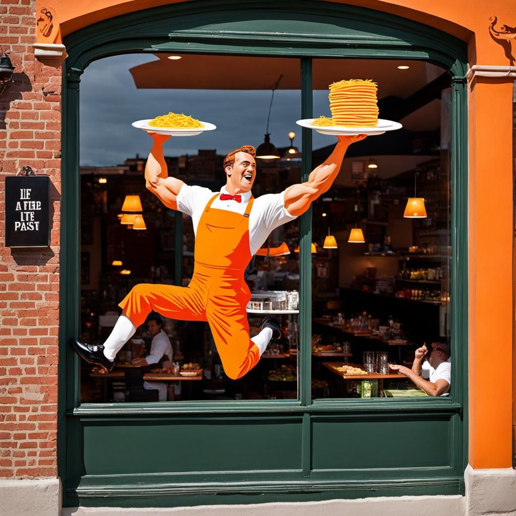 Humorous Restaurant Window Decal of Orange Waiter