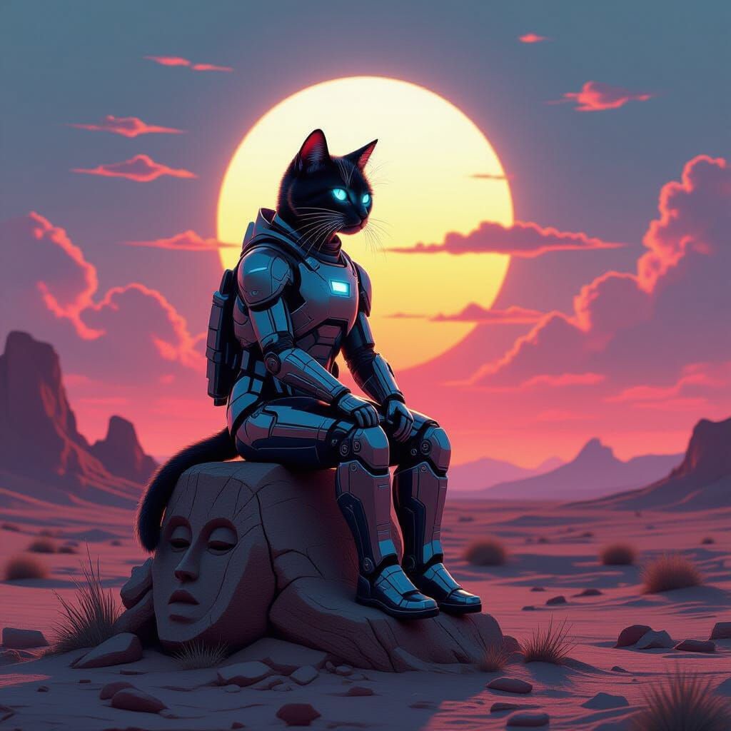 Cybernetic Cat on Ancient Log Under Binary Sunset