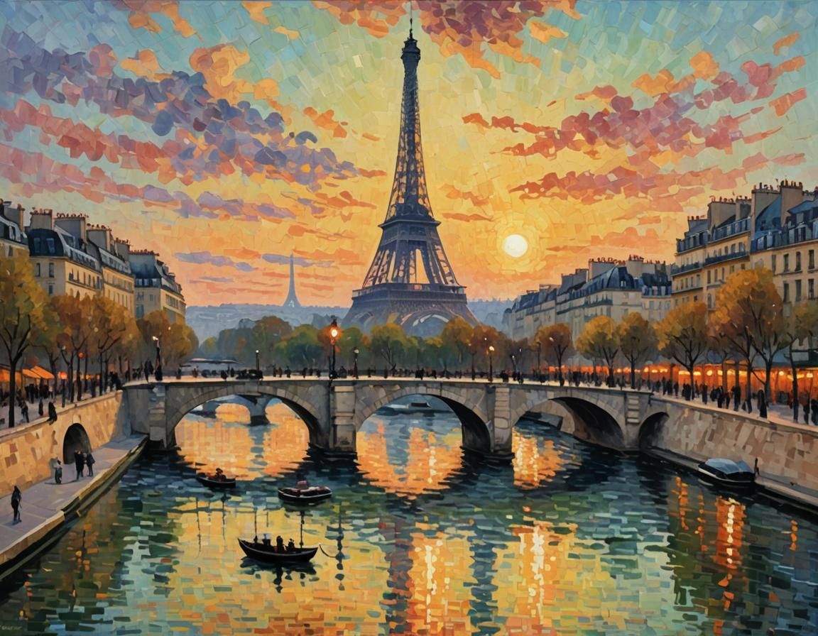 Paris Sunset in Neo-Impressionist Style