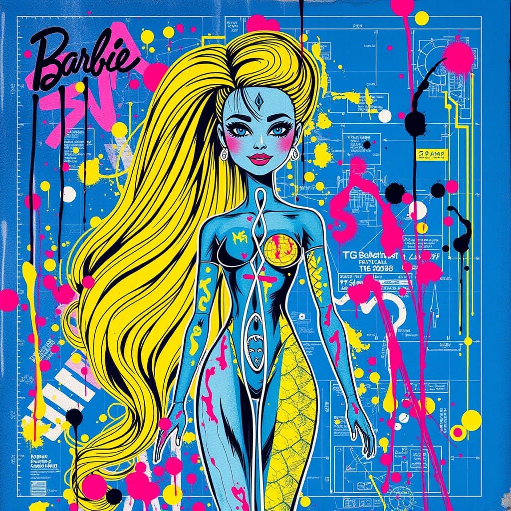 Dynamic Graffiti Barbie Doll Blueprint in Polychromatic Styl...