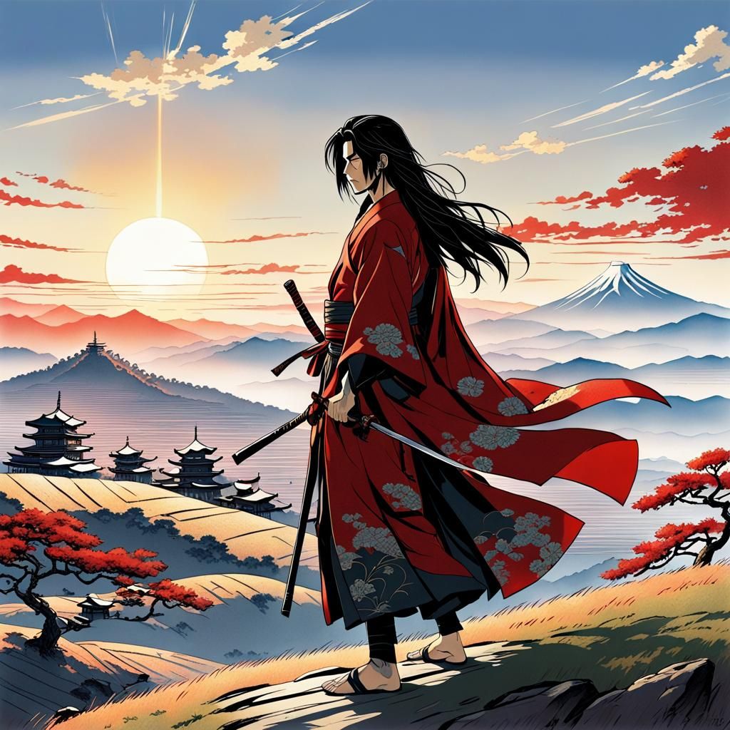Samurai in Red Kimono Admiring Sunrise
