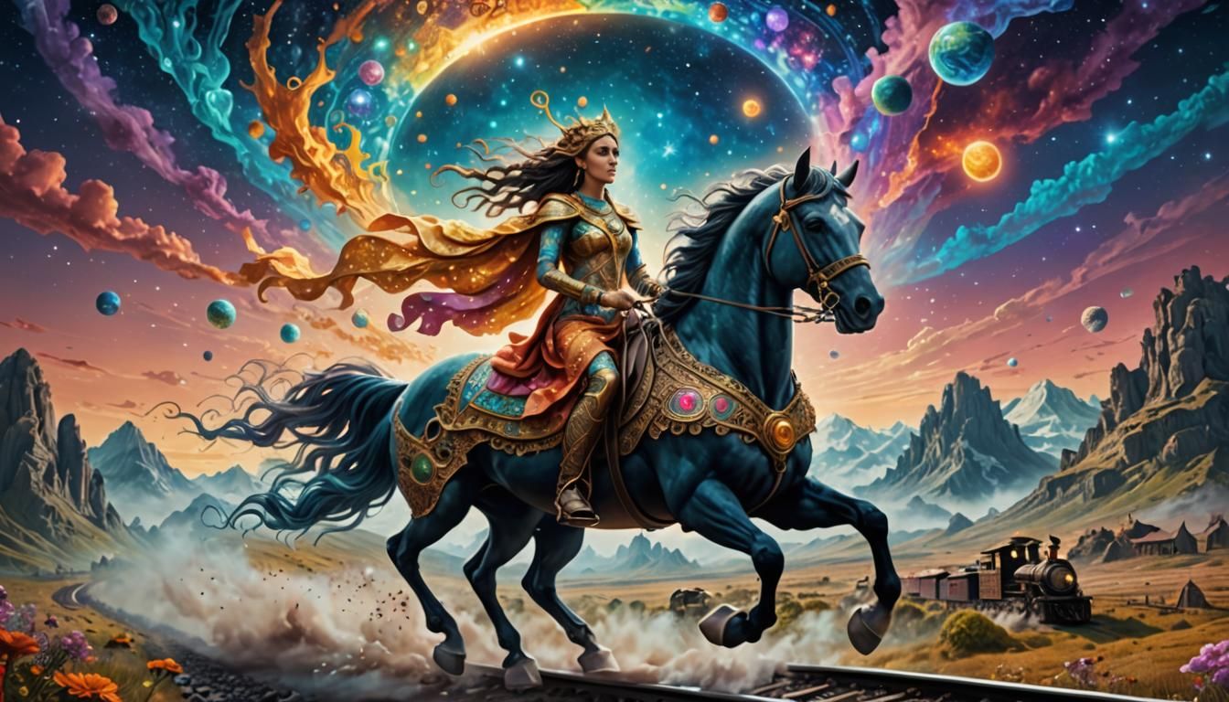 Goddess on Horse in Surreal Astral Landscape