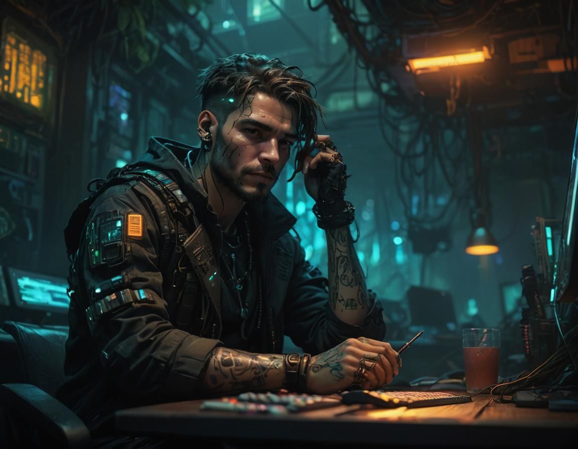 Cyberpunk Trader Portrait in Moody Neon Style