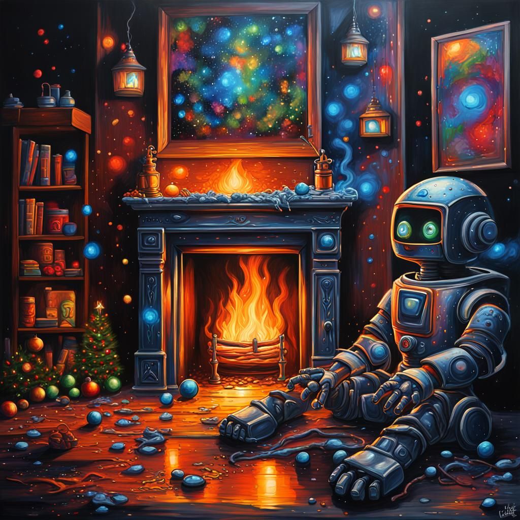 Robot Baby Jesus Lights Fireplace: Hyperrealistic Dark Art