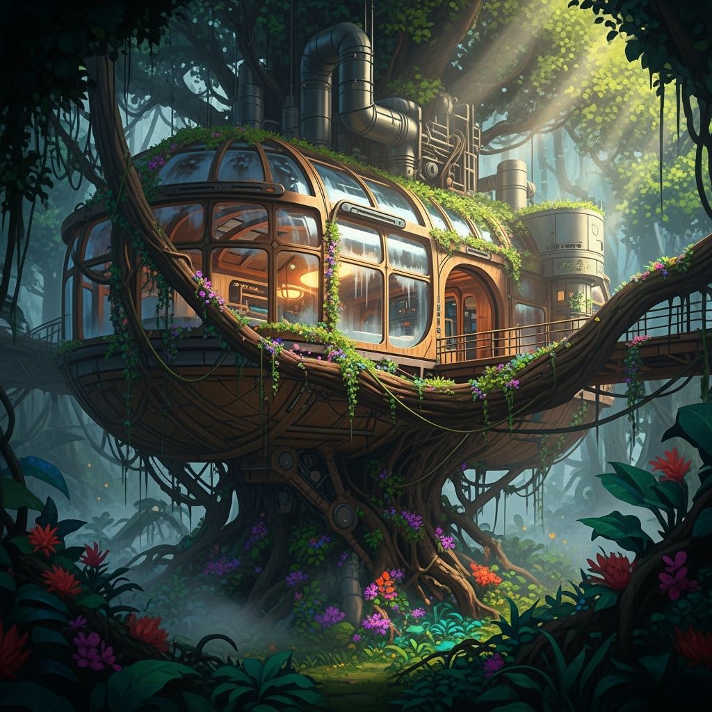 Luxurious Jungle Treehouse Pod in Retro-Futuristic Style