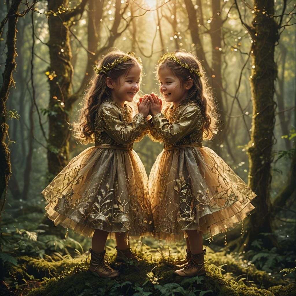 Mystical Forest: Twins Embrace in Ethereal Light