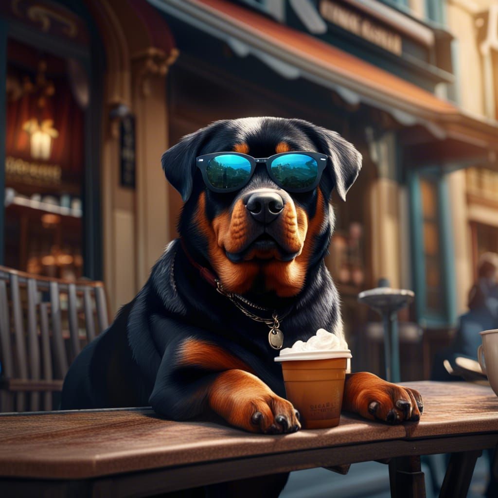 Rottweiler Puppy in Sunglasses at French Cafe