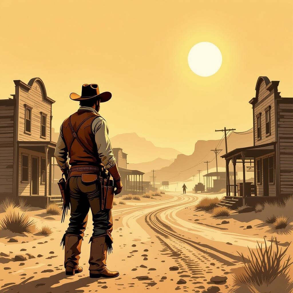 Lone Prospector Surveys Dusty Boomtown in Vintage Western St...