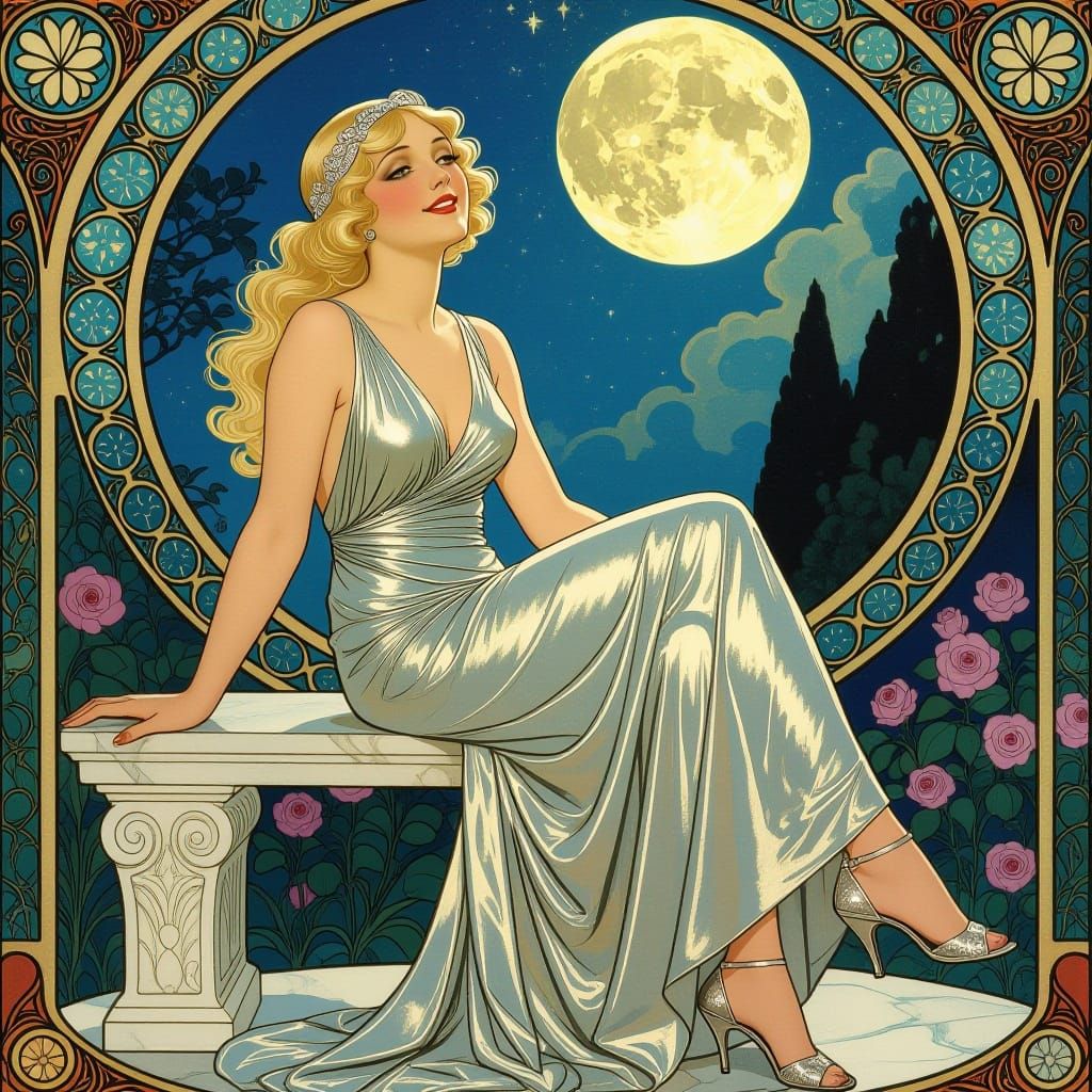 Art Deco Woman in Moonlit Garden