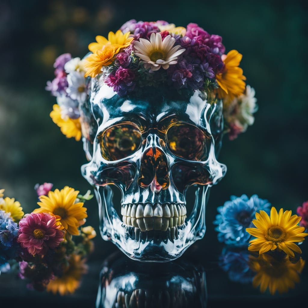 Glass Skull with Flower Crown: Photorealistic Still Life