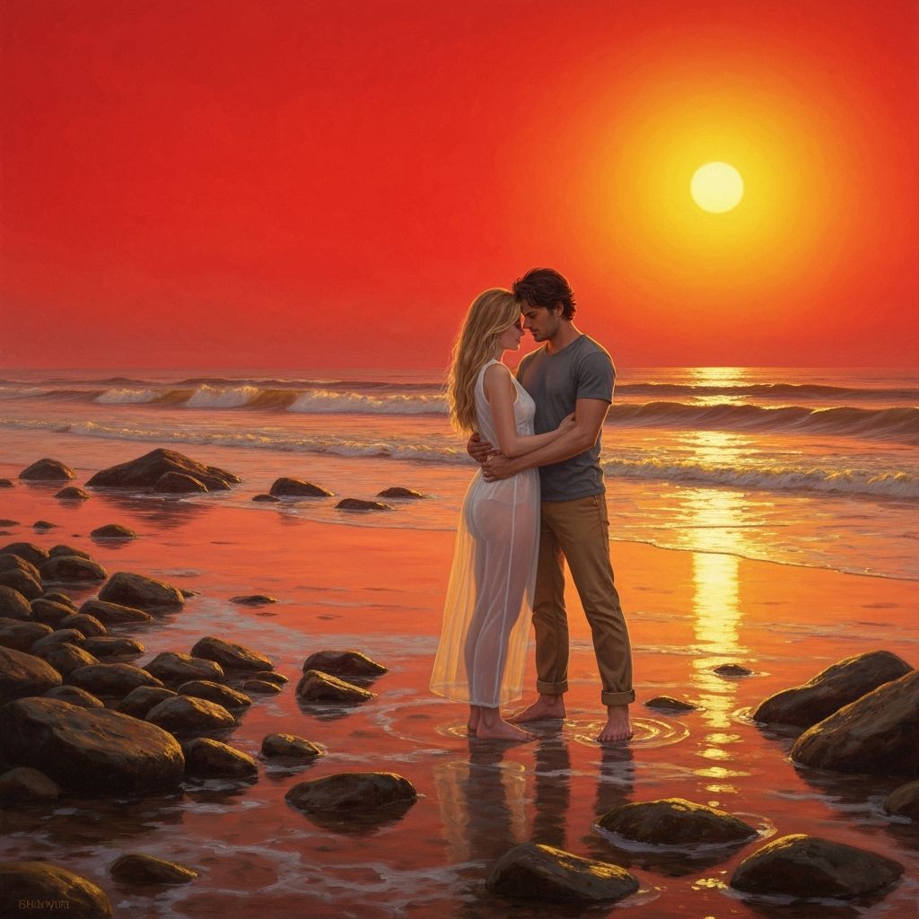Romantic Sunset Embrace on Rocky Beach in Landscape Style