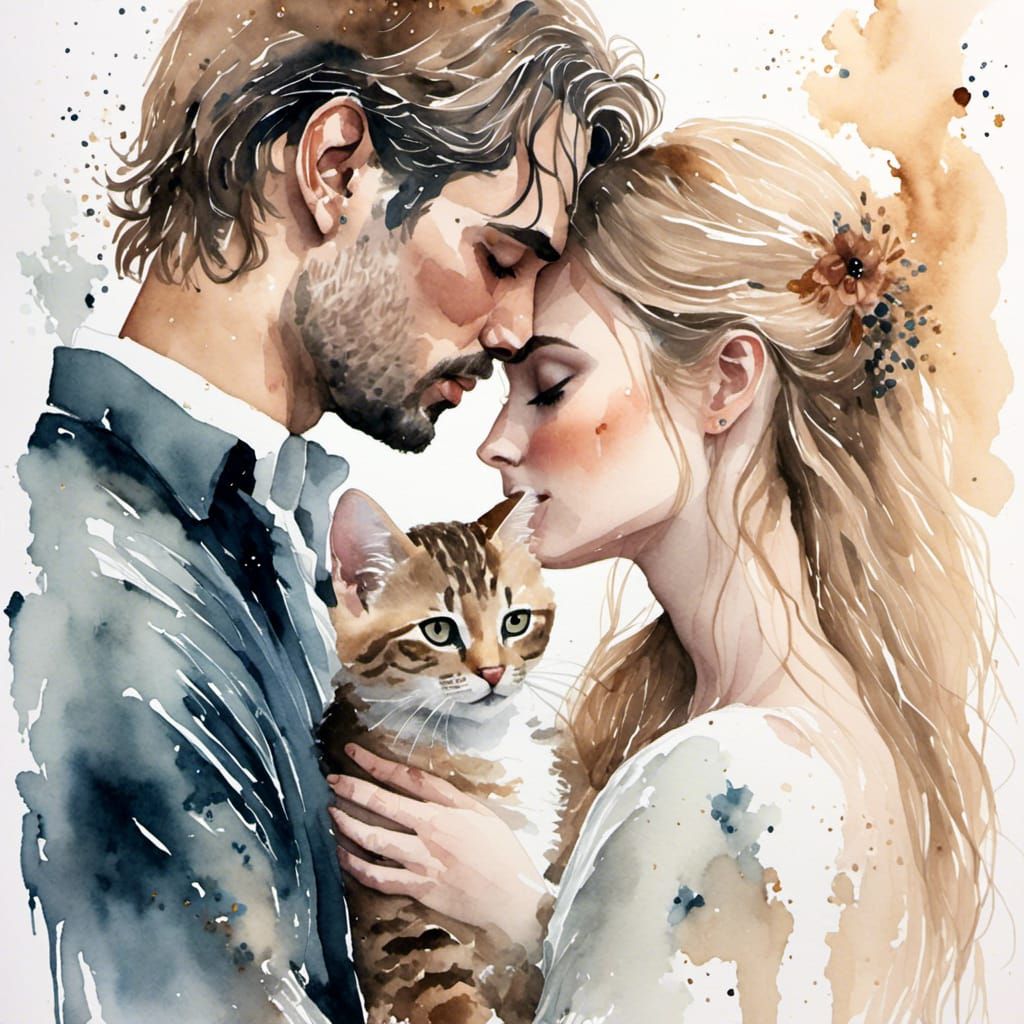 Romantic Watercolour Portrait of Couple with Kitten